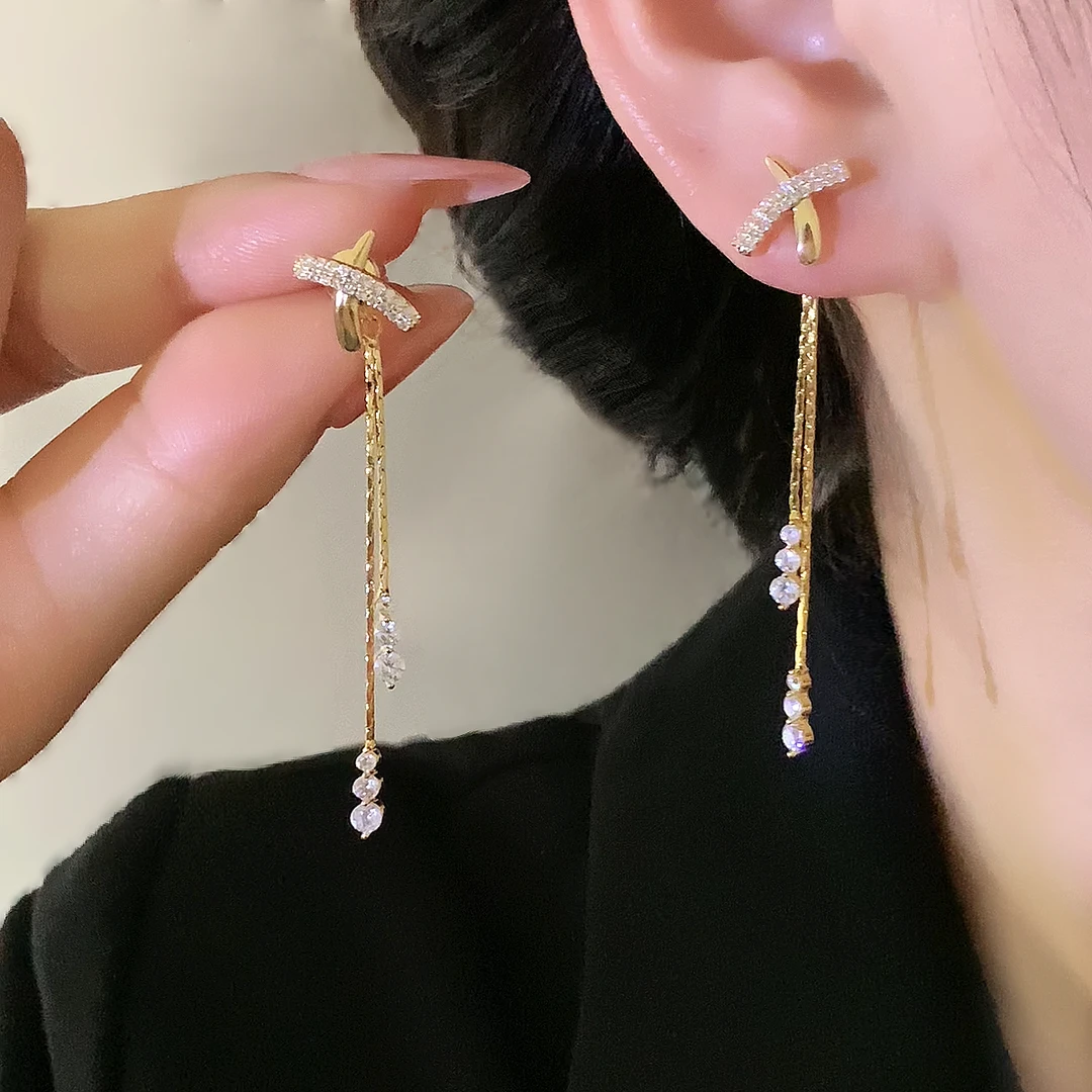 铜合金合成锆石耳饰 设计感时尚微镶锆石交叉长流苏两戴耳环1286