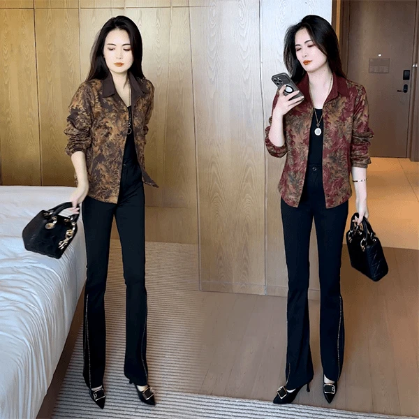 常规秋季短款时尚长袖短外套女2025春秋气质修身印花短款夹克通勤