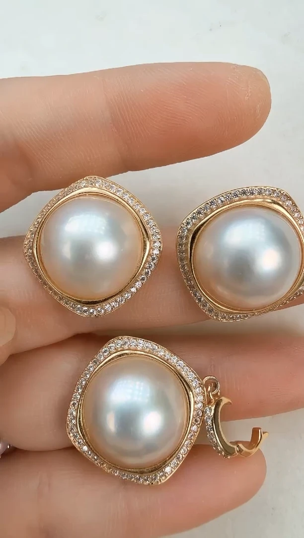 耳饰拼合珍珠（马贝珠）未镶嵌四方金色套装