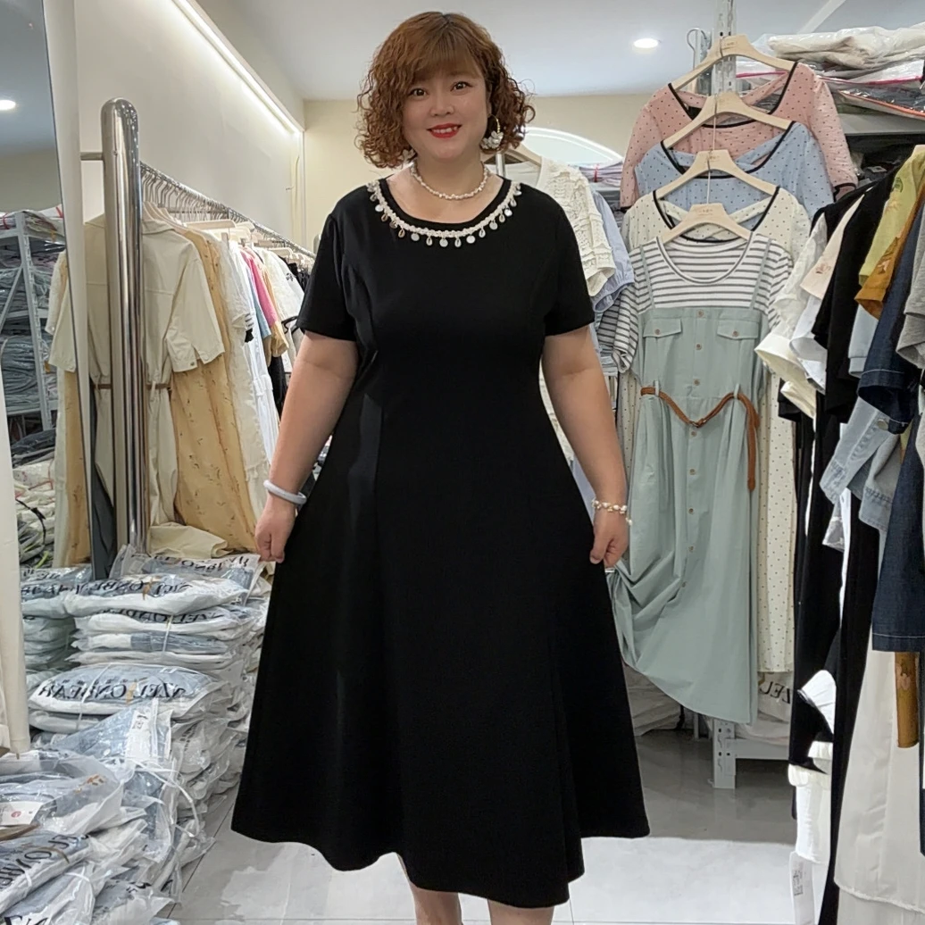 2330波西米亚风小黑裙夏胖mm大码H型裙直筒裙后背镂空蕾丝连衣裙