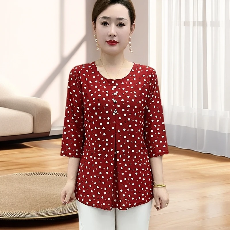 大码雪纺衫女装圆领中袖中老年女装碎花妈妈装休闲风时尚显瘦T恤