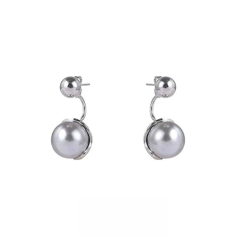 铜合金仿珍珠耳饰 轻奢灰珍珠气质前后式耳饰