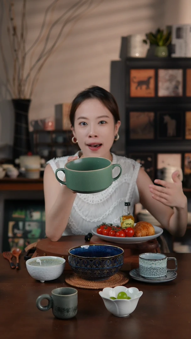 陶瓷极简风绿色5寸双耳早餐碗 燕麦碗 微瑕 凑满20发货