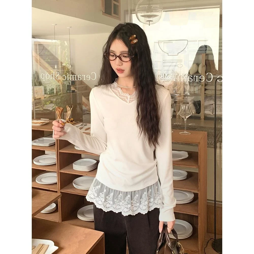 2025新款复古温柔风甜美高级感蕾丝花边内搭叠穿打底衫女长袖百搭