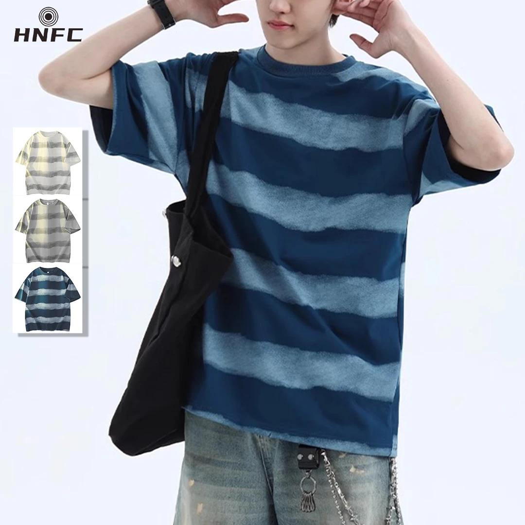 重磅260G双纱扎染纯棉短袖T恤男夏季2025新款潮牌条纹五分袖4021