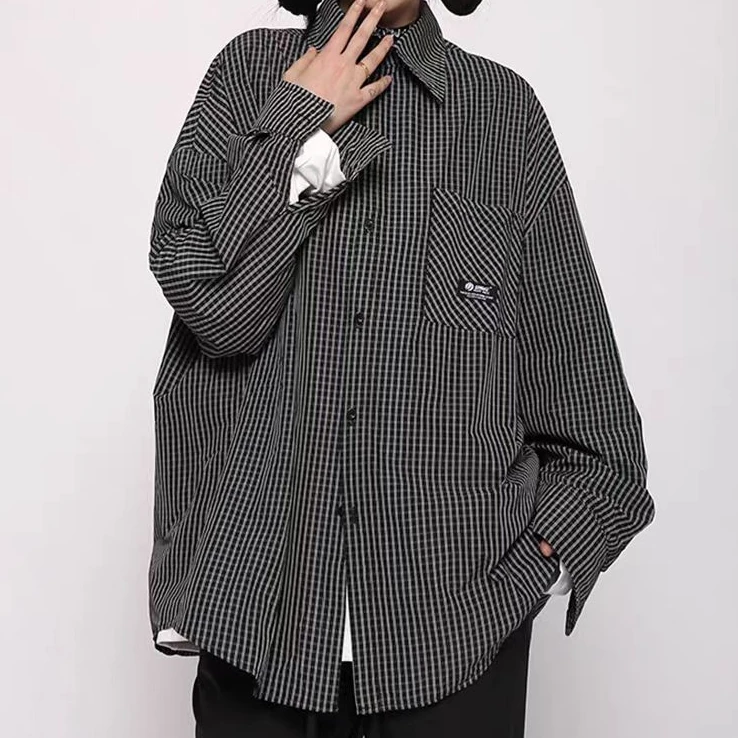 CS03美式复古高街hiphop潮牌情侣百搭格子长袖衬衫