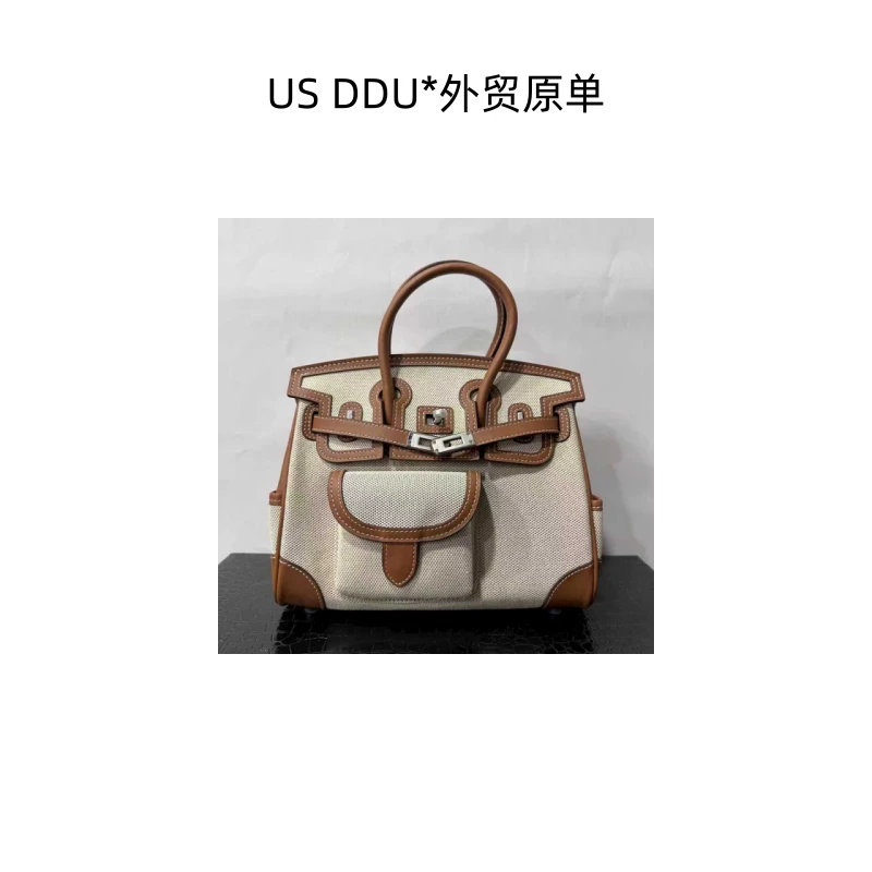 A257 灰白色银扣卡狗帆布拼皮铂金25手提包 birkin25/B041