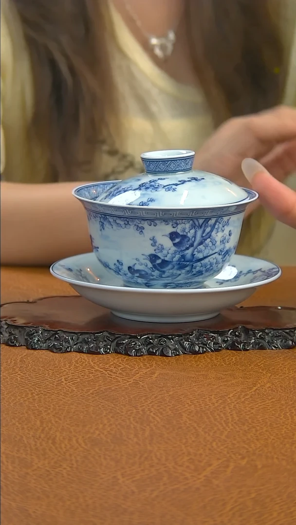 景德镇手工青花喜上眉梢三才盖碗