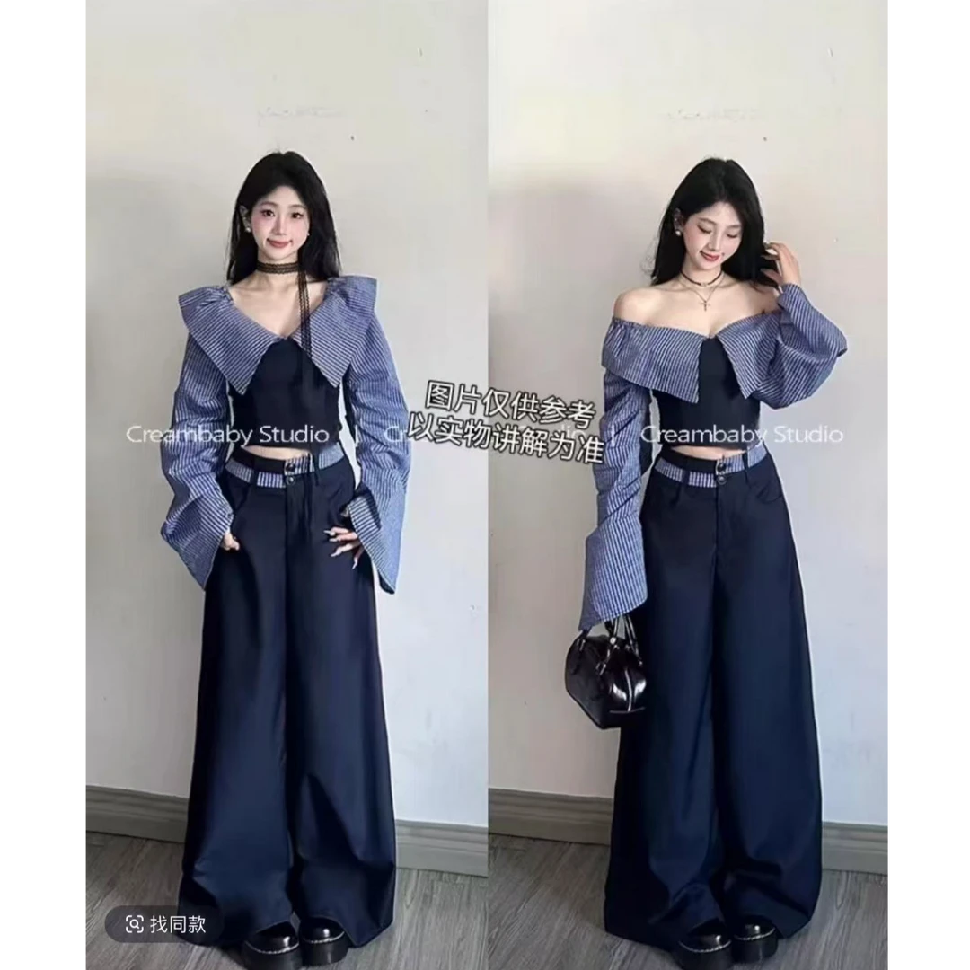 【FAFA】大码女装韩系一字肩条纹拼接上衣+阔腿裤+半身长裙