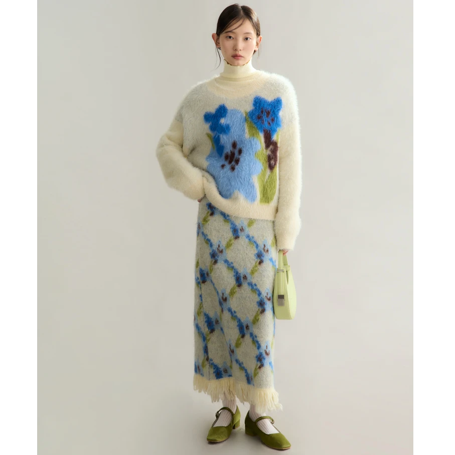 快乐小岛的花花毛衣复古郁金香提花套装圆领毛衣网格半身裙两件套