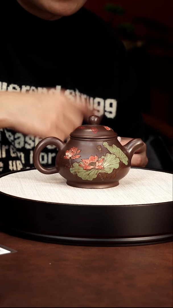 茶壶紫砂宜兴紫砂 荷趣容天壶 老紫泥 梅付春