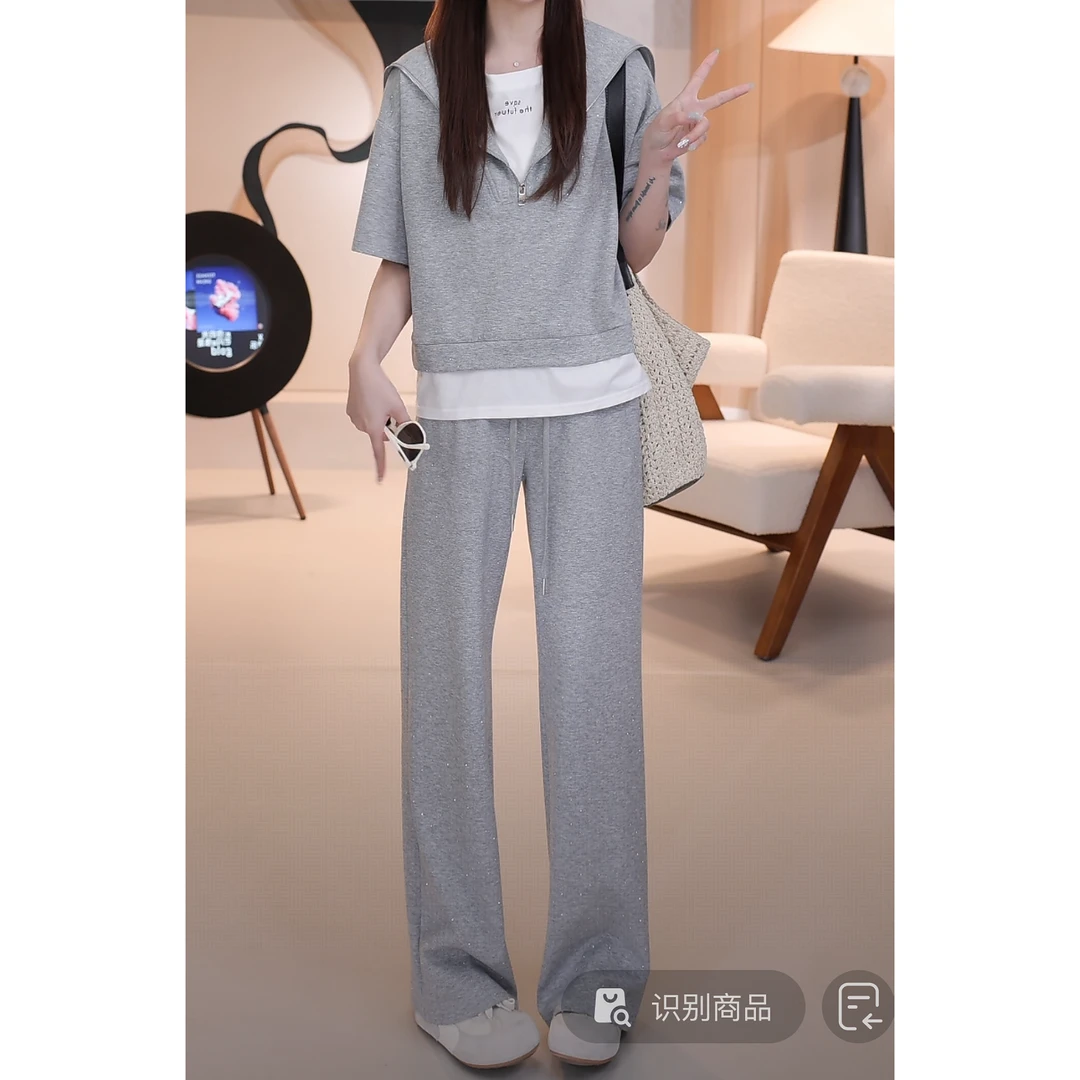 C03006-1夏季新款假两件烫钻假两件字母短袖+休闲长裤套装