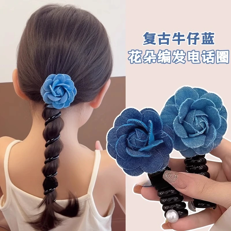儿童牛仔蓝玫瑰电话线发圈女童2025新款扎头发发绳女孩绑马尾皮筋