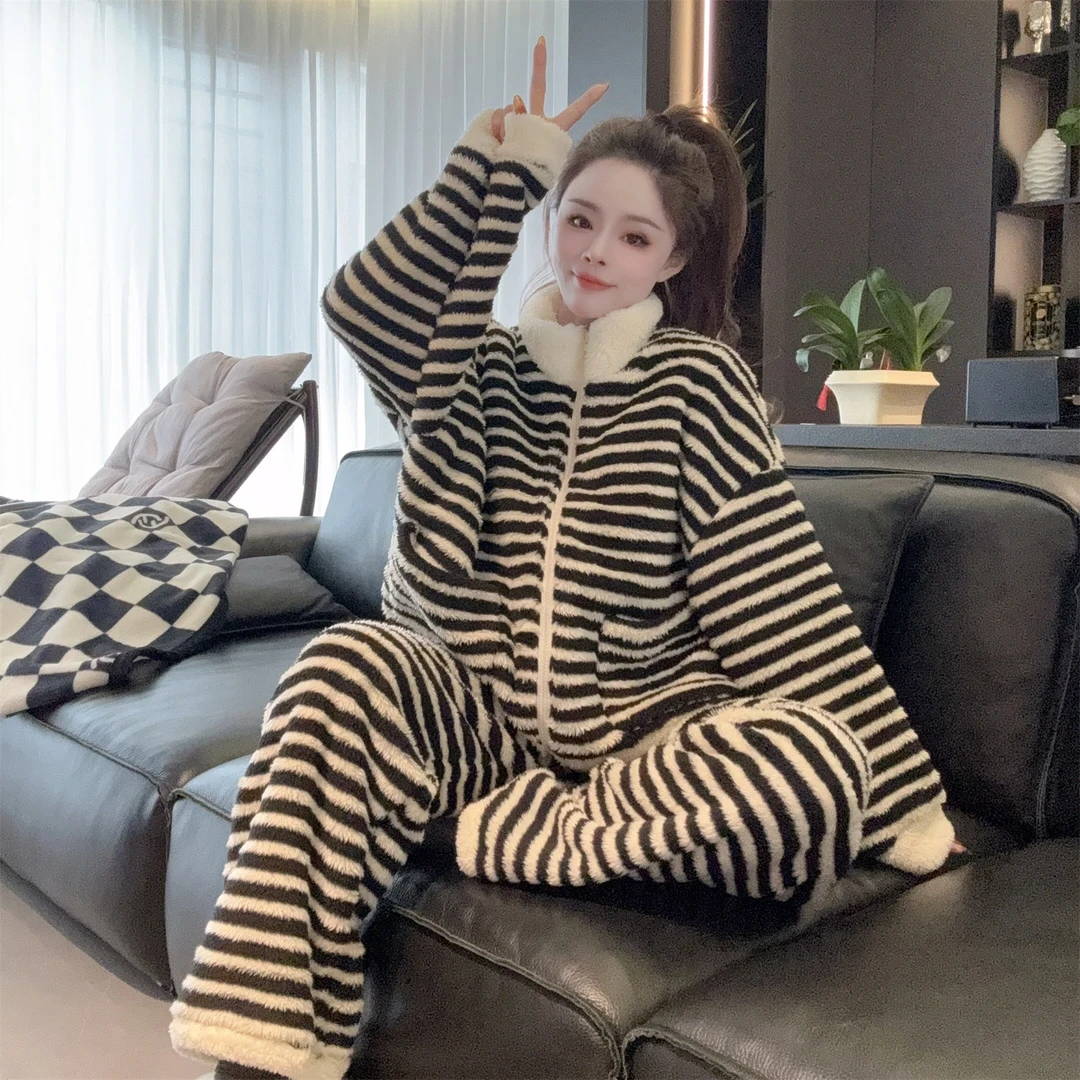 【超厚专柜正版】雪花绒睡衣立领黑白条纹加绒加厚家居服可外穿套装