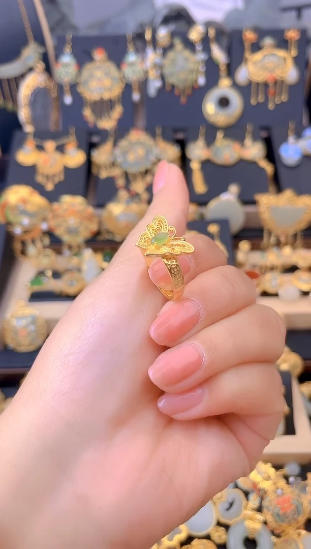 【闪购商品】和田玉戒指银S925镀金镶嵌素面花丝镂空蝴蝶戒指