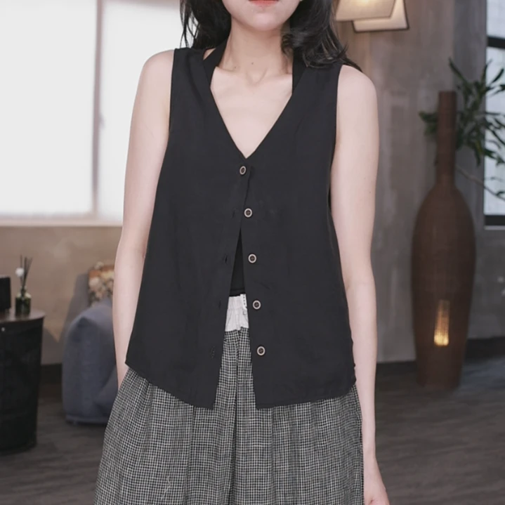 东倪MF 天丝亚麻极简无袖v领背心马甲上衣度假风显瘦 85B856