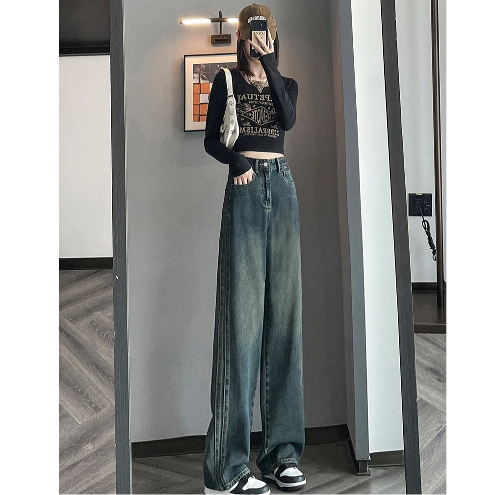 美式窄版直筒牛仔裤女装春秋季新款宽松显瘦垂感百搭高腰阔腿裤子