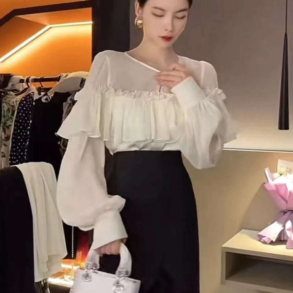 露肩长袖荷叶边防晒衬衫女2025新款春季薄款醋酸衬衣优雅气质上衣