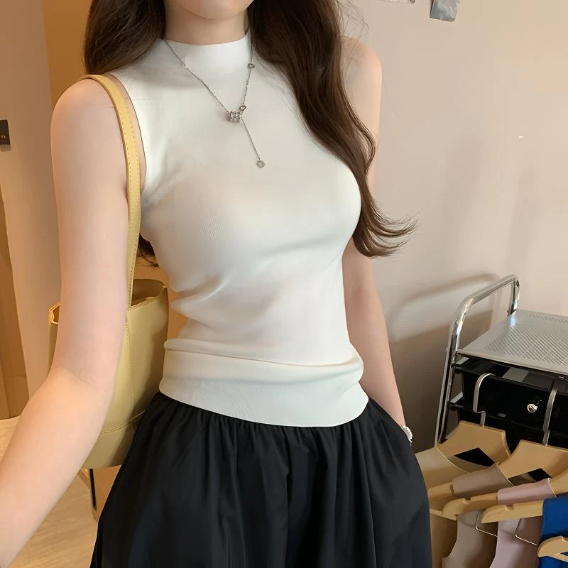 韩系小众慵懒风半高领无袖莫代尔女夏季性感纯欲内搭外穿背心上衣