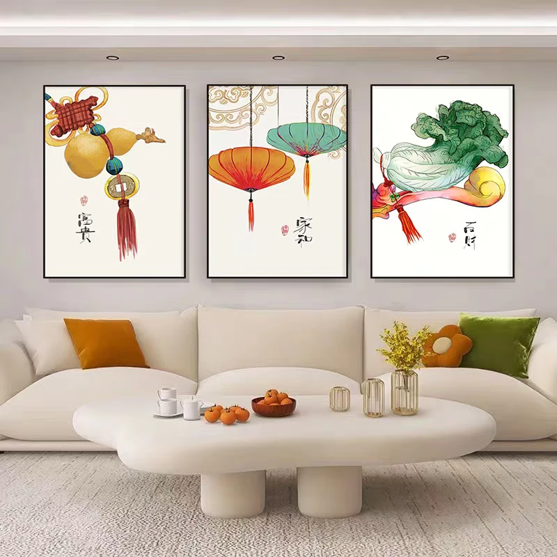 新中式客厅装饰画沙发背景墙挂画三联画现代简约饭厅墙画餐厅壁画