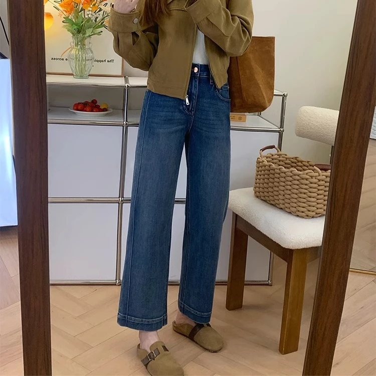 立体压褶蓝色直筒牛仔裤女秋季新款梨型小个子宽松显瘦九分奶奶裤