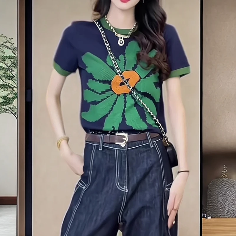 新款纯棉T恤女夏季时尚百搭宽松显瘦立体印花圆领短袖上衣女ins潮