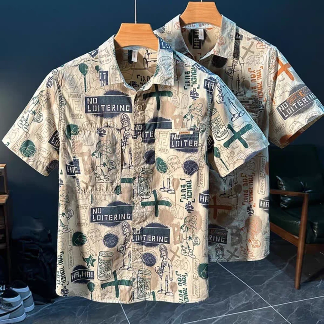 外贸尾单个性印花短袖衬衫男士夏季港风潮牌百搭休闲文艺宽松衬衣