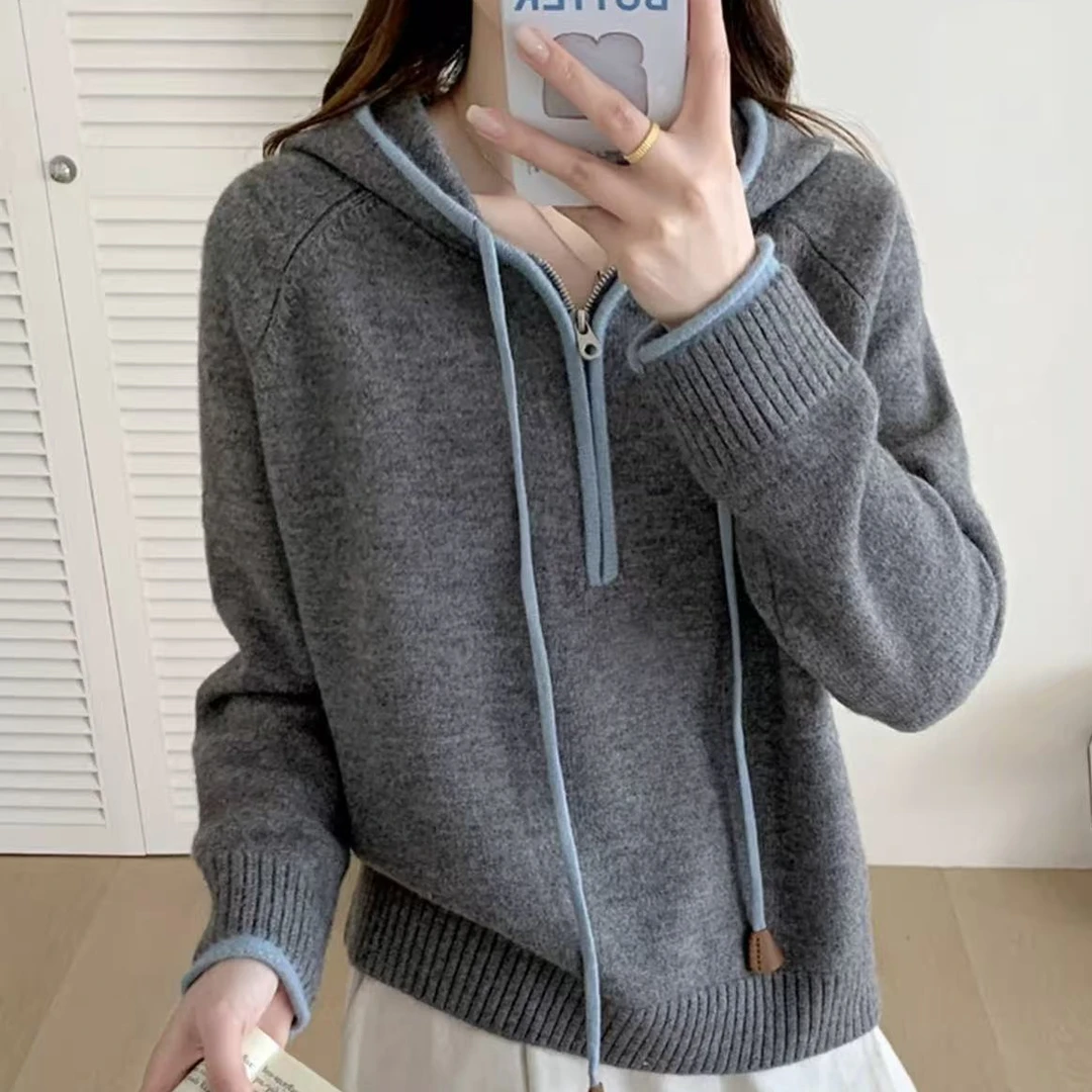 连帽半拉链加厚针织毛衣女秋冬新款时尚洋气减龄上衣#2918