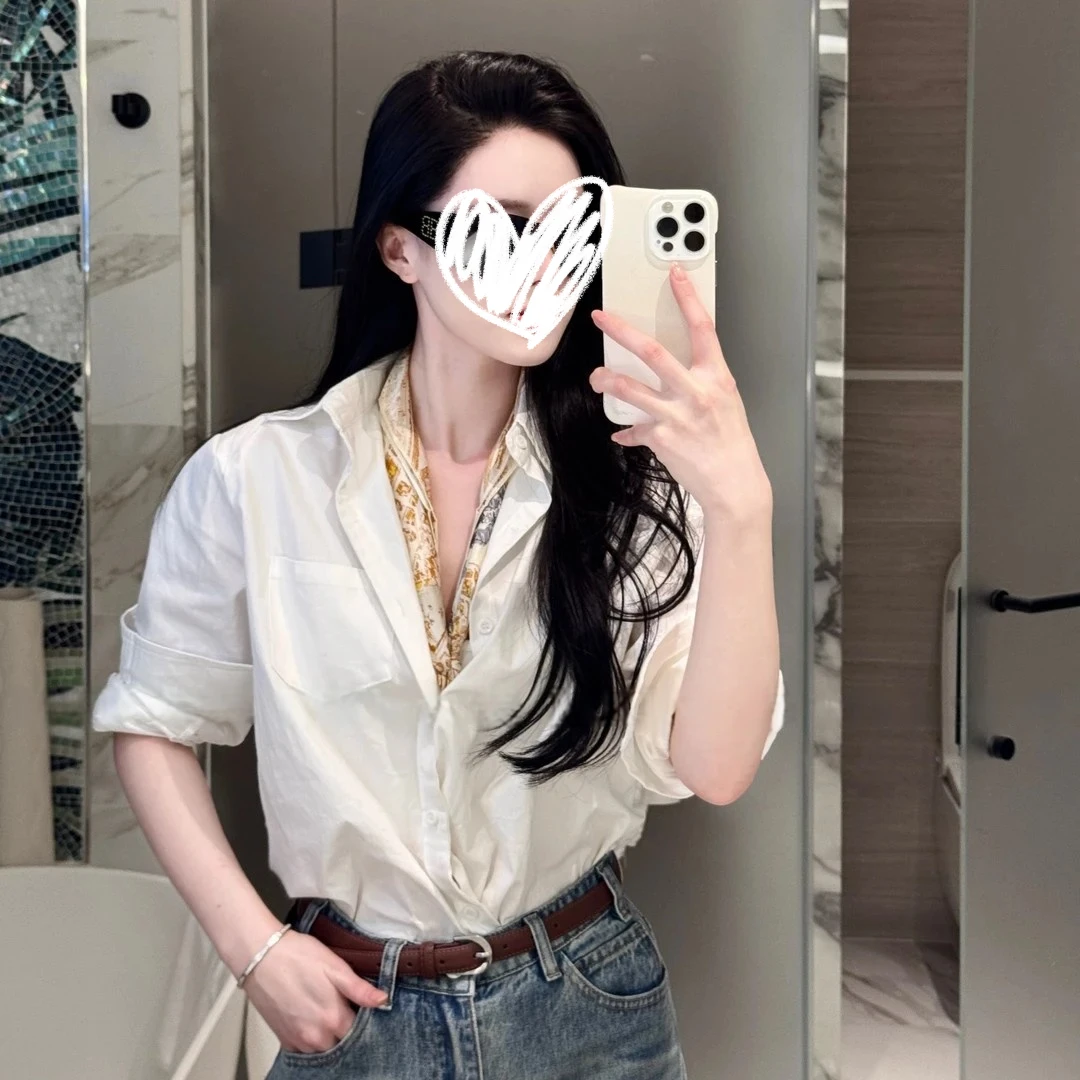 高级感长袖白色衬衣女2025爆款宽松休闲百搭小个子独特上衣8973