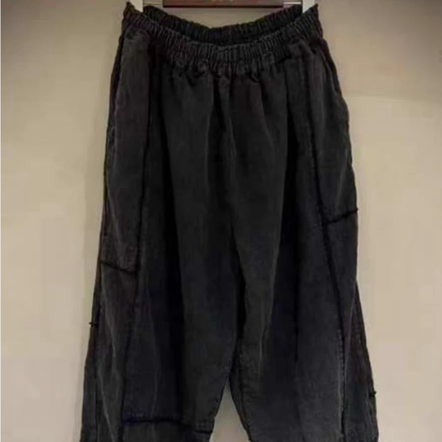 疯子张2023秋季亚麻水洗做旧复古风休闲裤松紧腰拼接哈伦裤08080