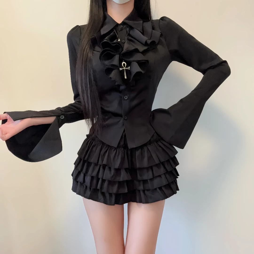 iqcq气球熊秋季新款设计感宫廷风泡泡袖黑色衬衫蓬蓬蛋糕裙套装