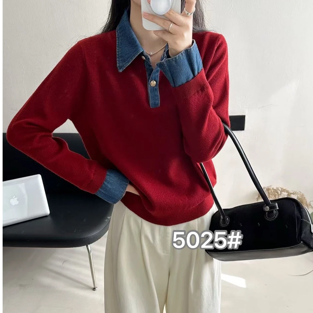 小施家白马高端时尚设计拼接牛仔领特色牛仔袖口显瘦针织衫5025