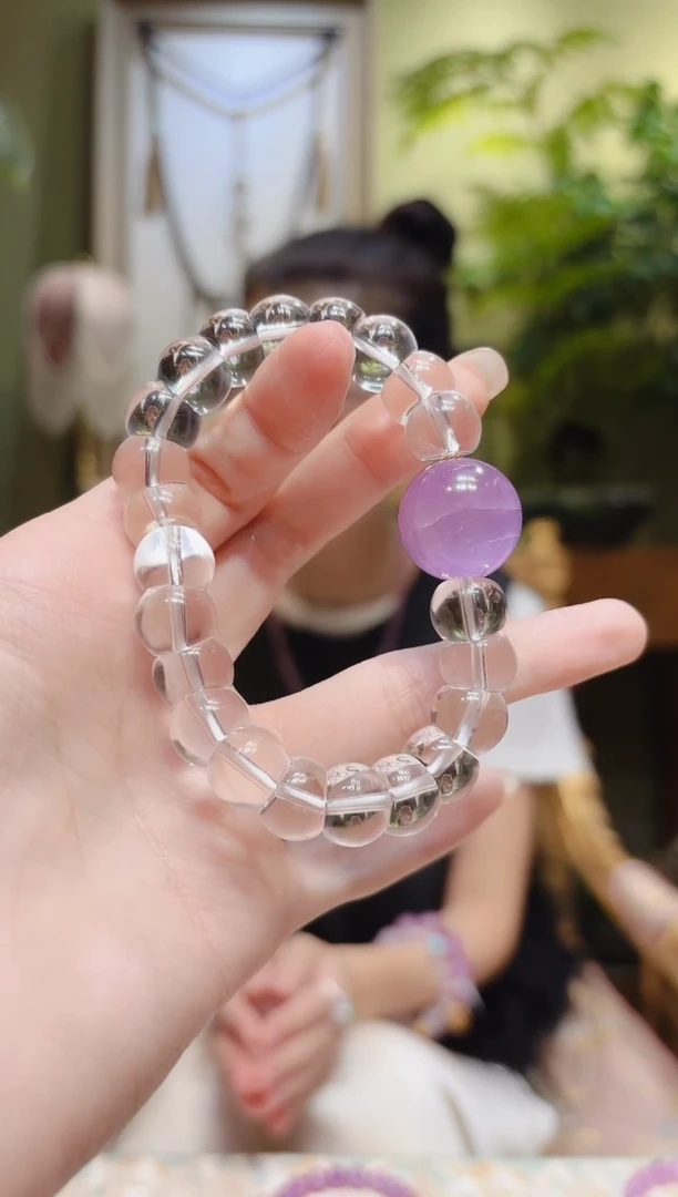 【闪购商品】水晶手串未镶嵌紫锂辉顶珠大肠白水晶手串