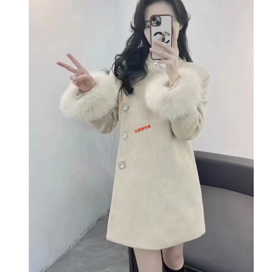 235#秋冬新款时尚气质小香风毛毛袖中长款毛呢外套