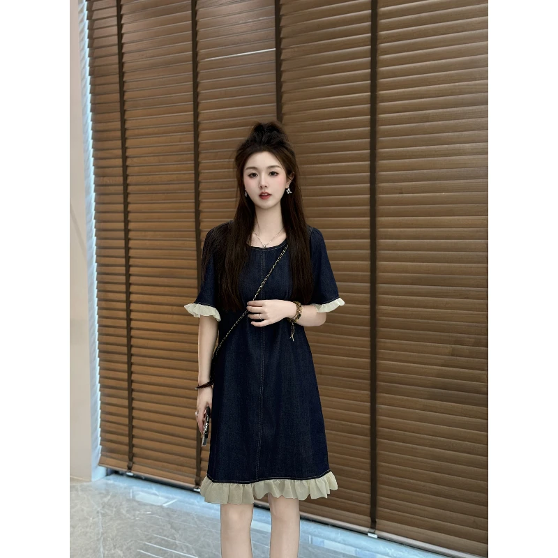 宿慕SUMU夏季花边圆领牛仔连衣裙2025新6-13休闲宽松牛仔裙25126