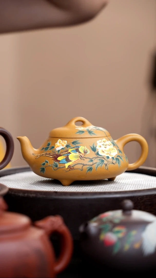 茶壶紫砂黄金段汉棠石瓢泥绘双鸟
