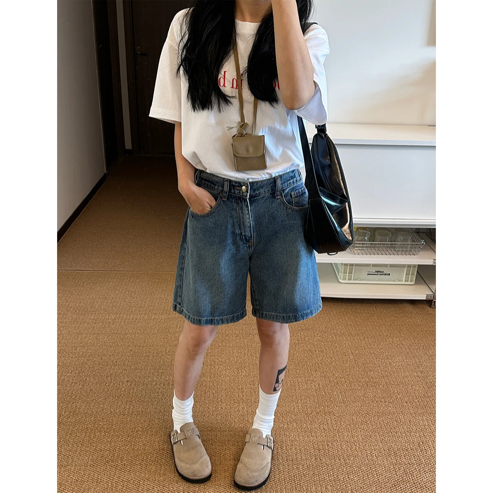 复古蓝五分牛仔短裤女2025夏季新款高腰显瘦设计宽松阔腿百搭短裤