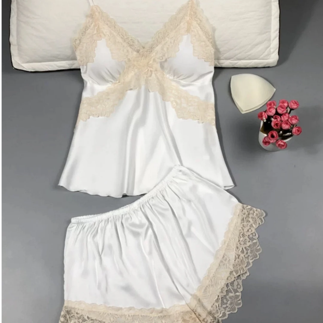 睡衣女四季性感吊带短裤蕾丝带胸垫纯色睡衣两件家居服套装小个子