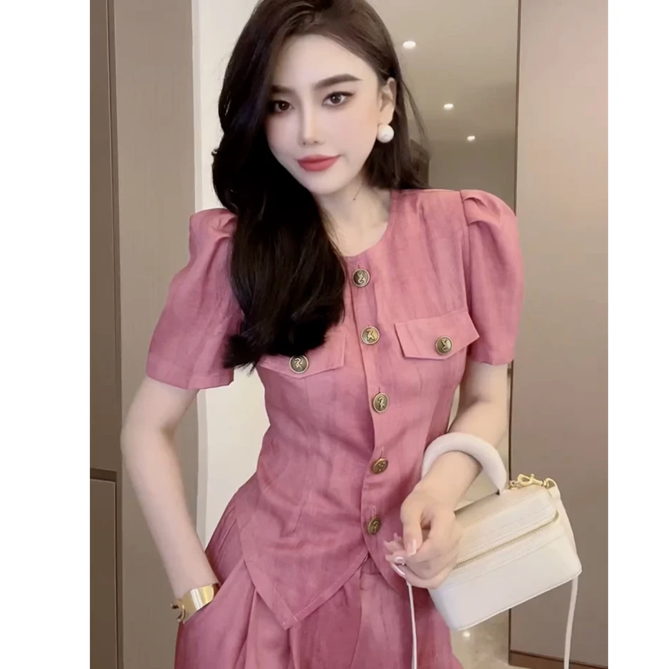 欧洲站气质轻熟风御姐两件套夏季单排扣显瘦上衣高腰阔腿裤套装