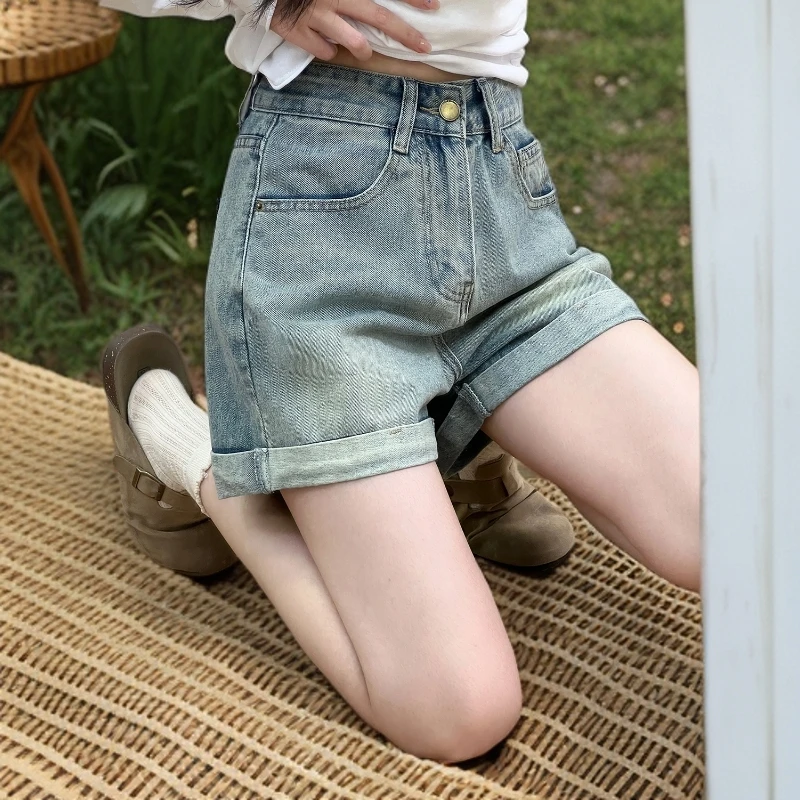 送腰带卷边高腰牛仔短裤女2025新款夏季复古百搭显瘦a字裤
