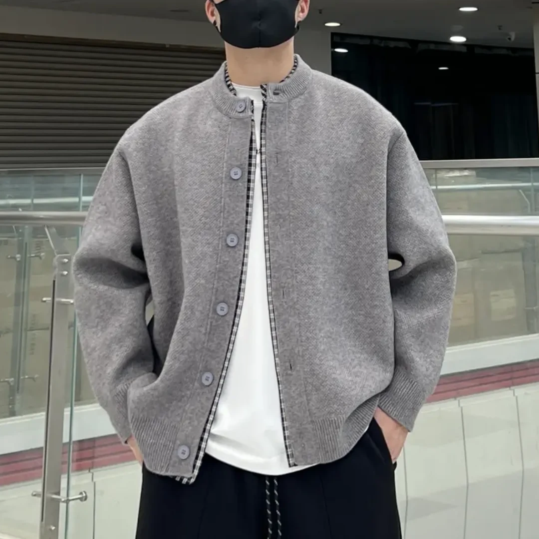 秋季新款假两件层次穿搭圆领韩系情侣款百搭针织毛衣开衫外套