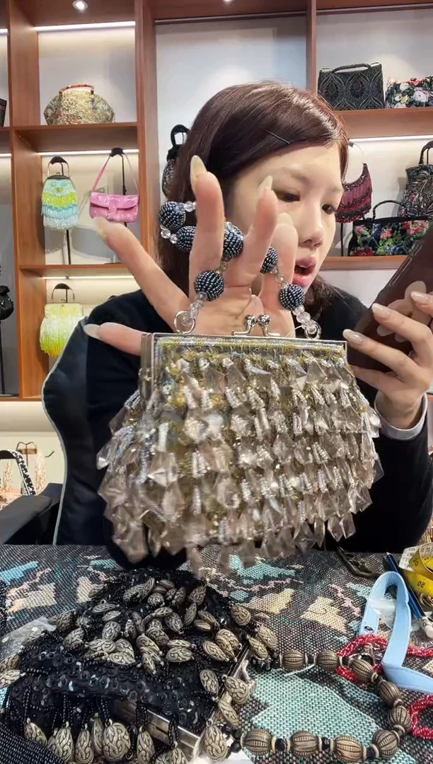 织物京**儿手工珠珠包包腋下斜跨包手拿包手提晚宴包