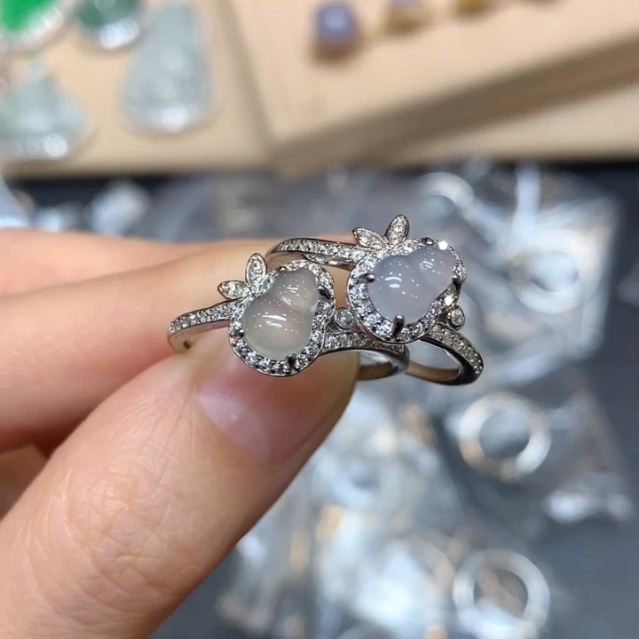 四会-(JH-15-1)葫芦戒指-s925银镶翡翠高冰戒指多样性发其一