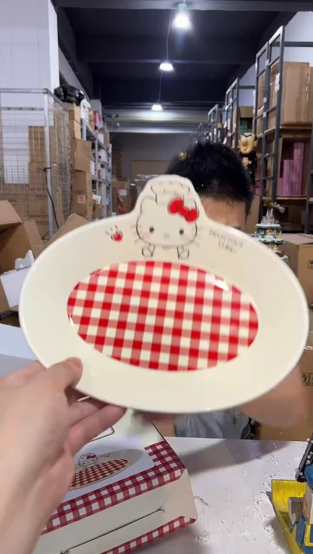 瓷片原盒kt猫红格子餐盘