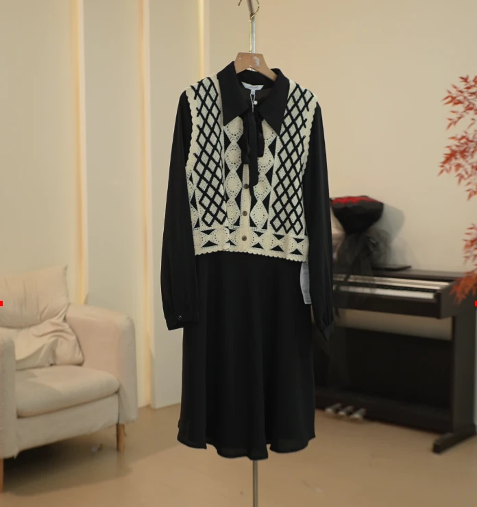 G029 LG系列INS风菱形格针织开衫背心+长袖连衣裙两件套 9A56