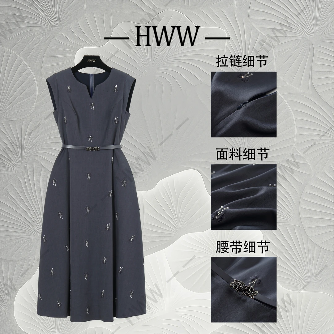 【赫尔温】设计款烟灰蓝时尚收腰显瘦连衣裙DHZXF52163
