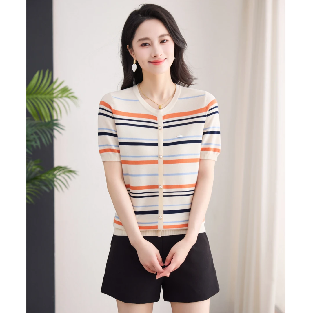 XII BASKET十二篮专选25夏新款圆领亮彩色条纹针织短袖7C65206350
