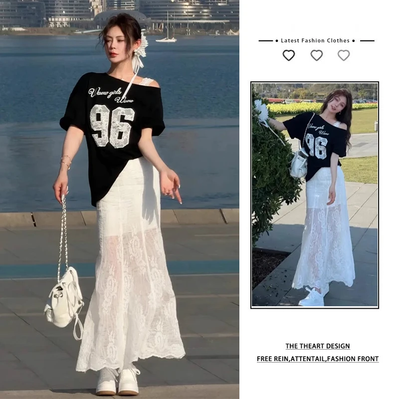 【浅浅专属】夏季穿搭一整套韩系显瘦露肩T恤修身鱼尾半身裙两件套