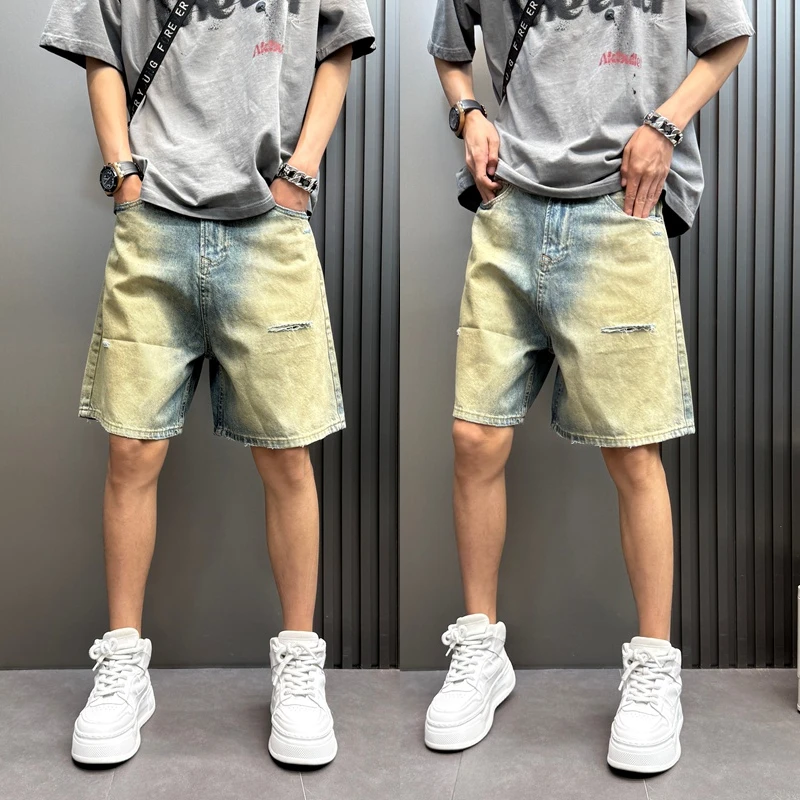 黄泥色牛仔短裤男款2025新款复古破洞高端宽松直筒潮牌美式夏季裤