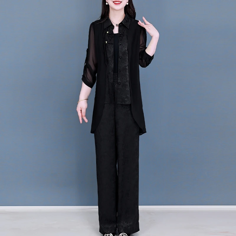 【2797人好评】端庄气质新中式套装女春夏季新款大码假两件上衣显瘦